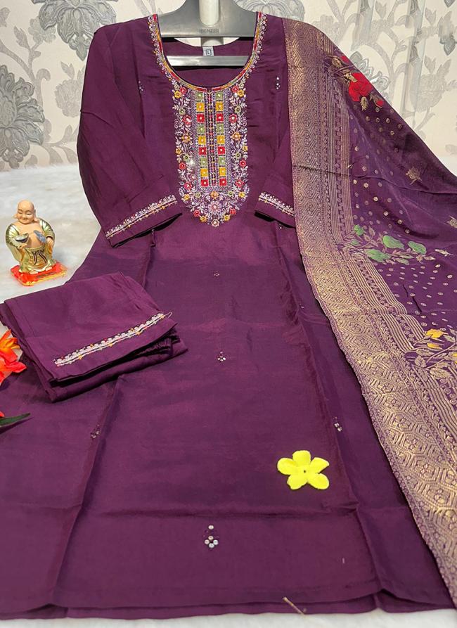 Pure Muslin Purple Festival Wear Embroidery Work Readymade Kurti Set